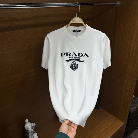 Pr!da Örme Triko T-SH!rt Beyaz